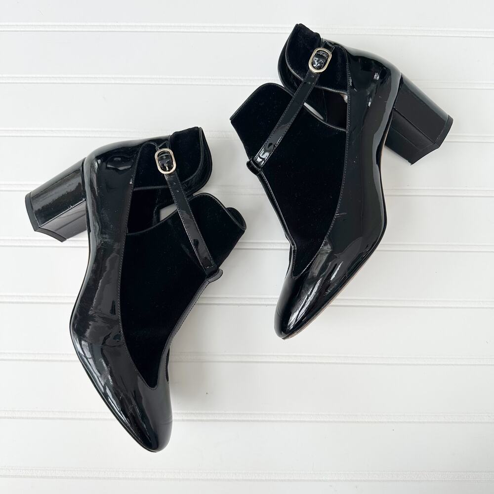 Valentino Patent Leather Velvet T-Strap Block Heel Ankle Strap Pumps Black 38
